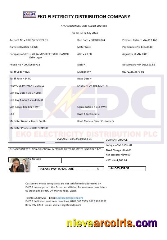 Nigeria Eko Electricity Distribution Company (EKEDC) business utility bill